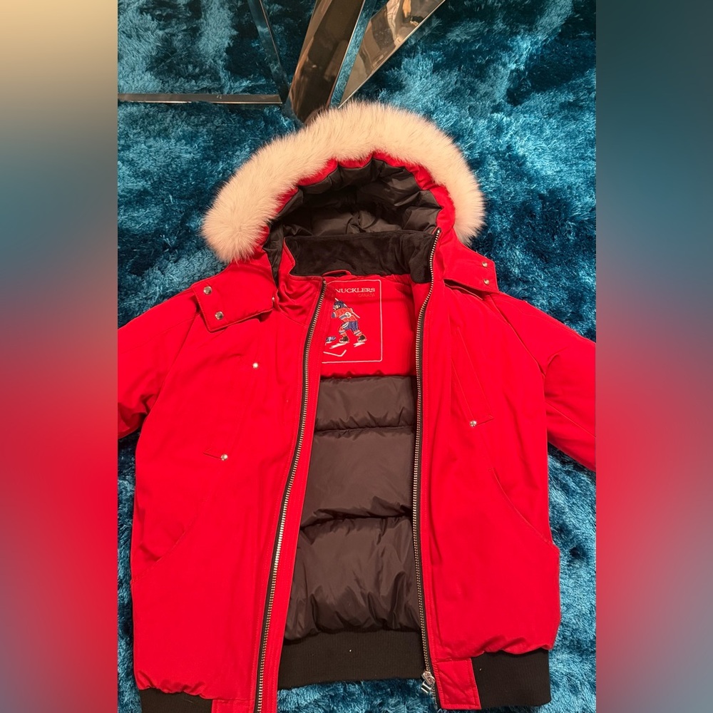 Moose Knuckles Red Puffer Jacket with Faux Fur Hood